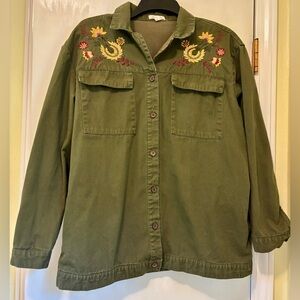 Skylar & Jade Army Green Embroidered Floral Sunflower Shacket size Medium